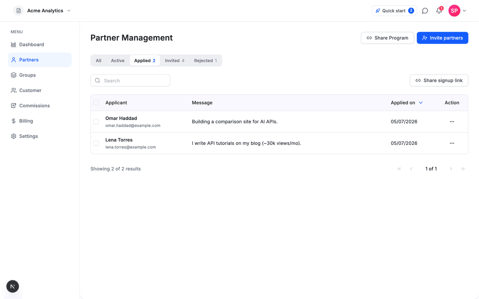 Applications waiting for review — approve or decline each with an optional reason