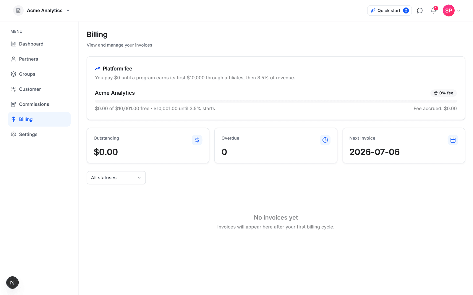 Affitor's Billing view — platform fee meter showing $0 accrued until the first $10,000 of affiliate revenue, then 3.5%