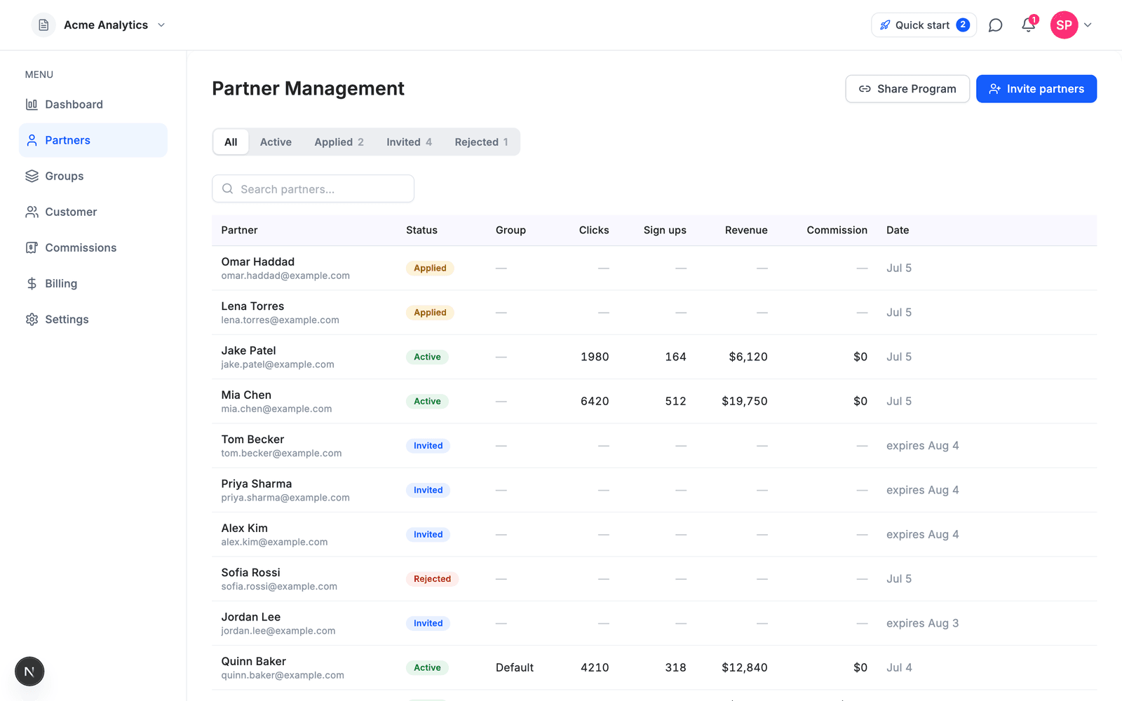 Affitor’s Partners view — active partners, applications, and invites in one table with live stats